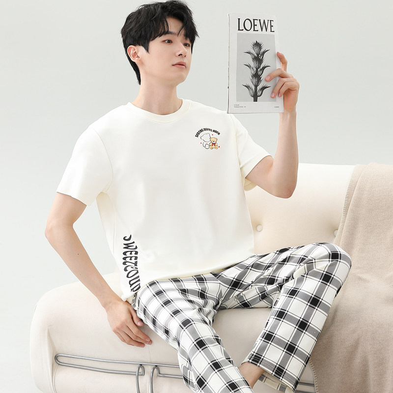 夏季短袖睡衣套装大码长裤运动家居服夏天韩版条纹可外穿休闲格子