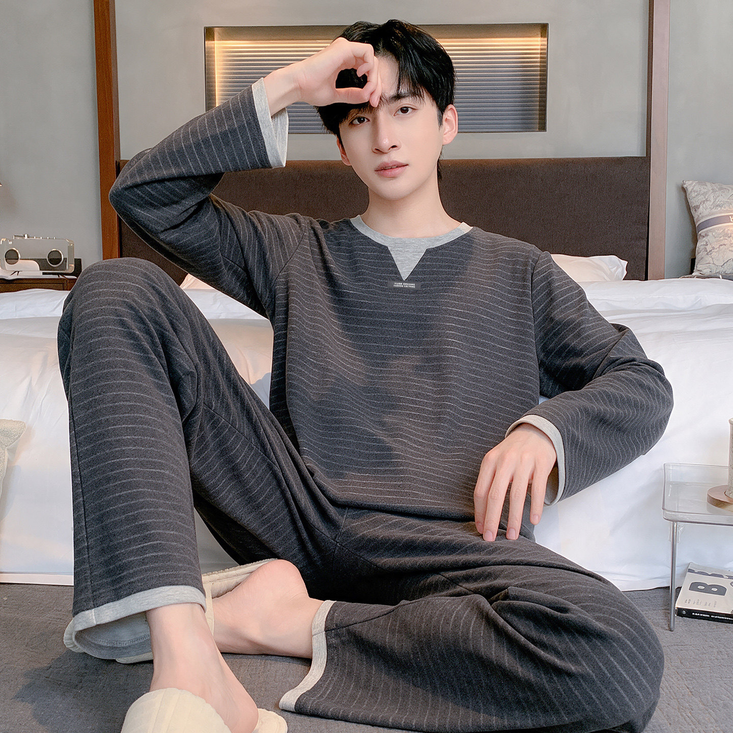 春秋冬季男士羊绒长袖保暖家居服