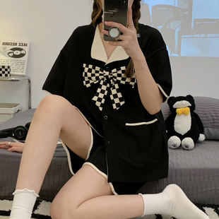 短袖 睡衣套装 夏季 开衫 可外穿格子卡通可爱春秋天 女家居服薄款 韩版