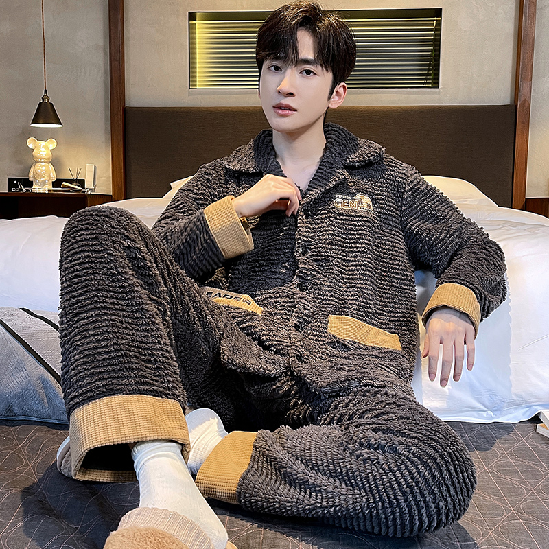法兰绒开衫睡衣套装男珊瑚绒宽松