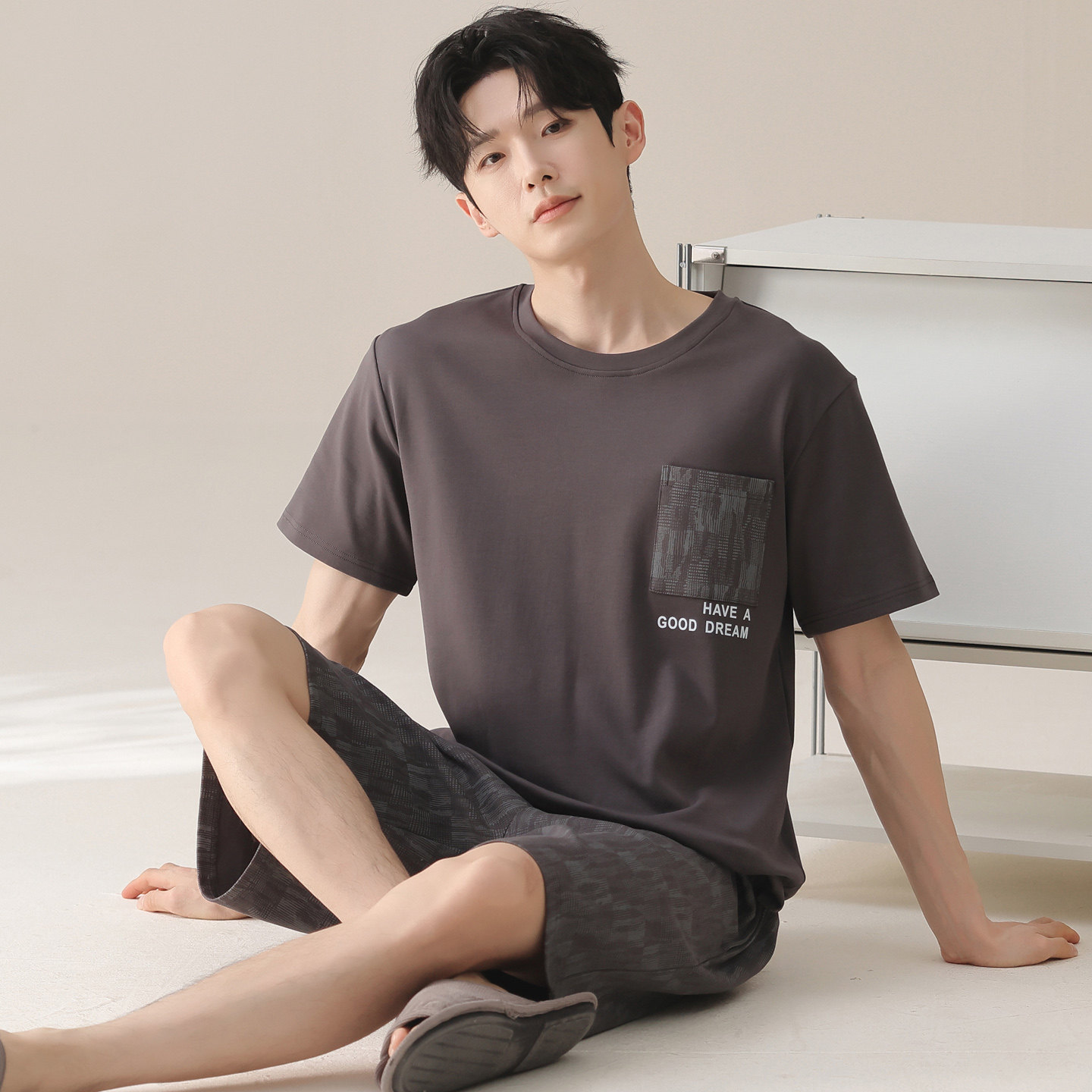 夏季男士100%纯棉短袖短裤家居服