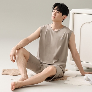 薄款 夏季 无袖 男士 冰丝家居服夏天可外穿简约 莫代尔棉背心睡衣套装