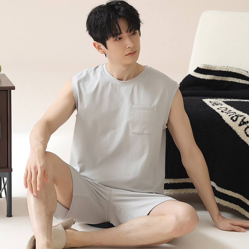 夏季男士背心睡衣套装冰丝无袖家居服薄款夏天大码可外穿宽松韩版