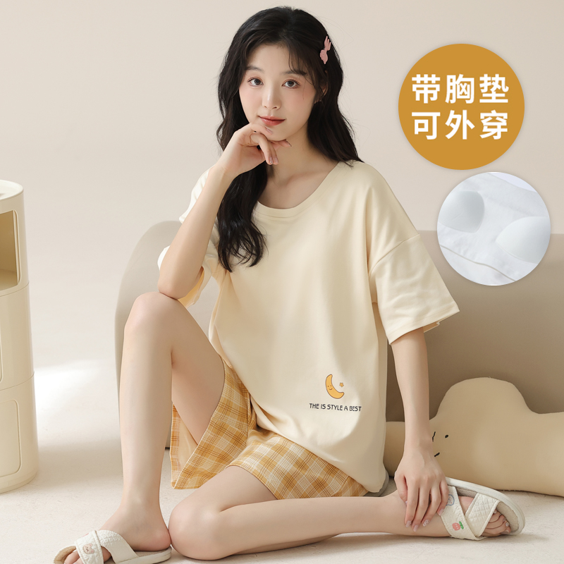 女士短袖睡衣套装夏季棉自带胸垫一体家居服大码薄款夏天韩版学生