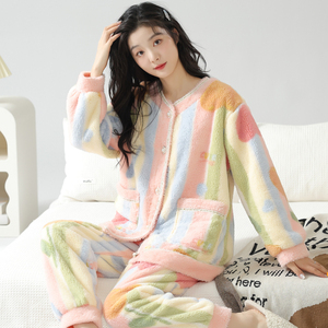 秋冬季睡衣女保暖加厚加绒法兰绒和服套装长袖珊瑚绒春冬天家居服
