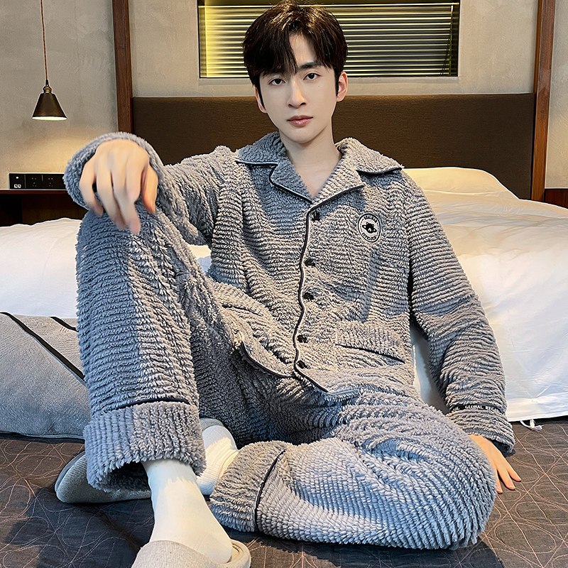 男士保暖睡衣套装珊瑚绒加绒加厚