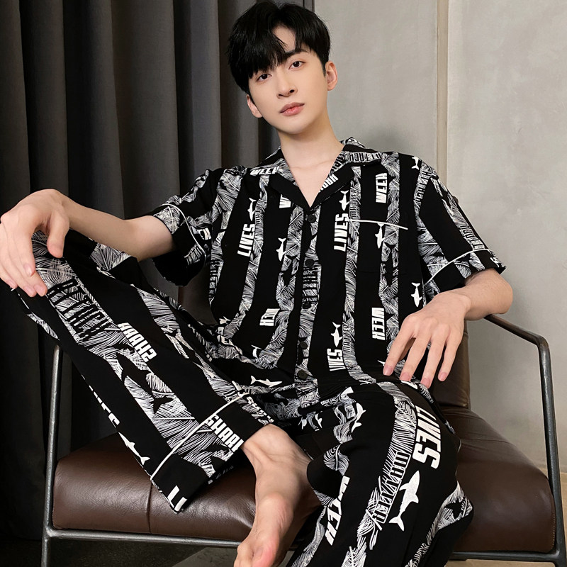 春秋夏季男士短袖长裤开衫家居服