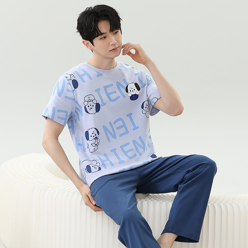 宽松卡通夏天短袖男长裤大码士中年人家居服夏季休闲睡衣套装