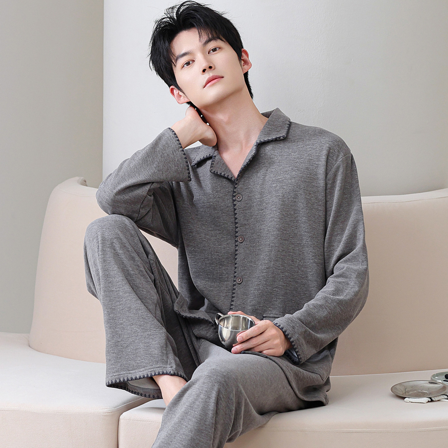 羊毛蚕丝德绒长袖睡衣套装开衫女