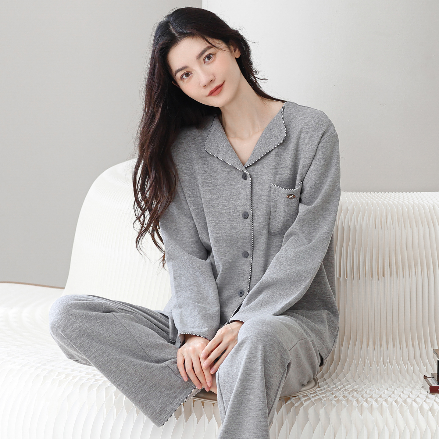 羊毛蚕丝德绒长袖睡衣套装家居服