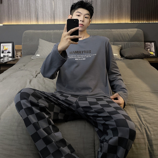 春秋季长袖睡衣套装男士大码家居服夏冬天韩版格子可外穿运动卡通