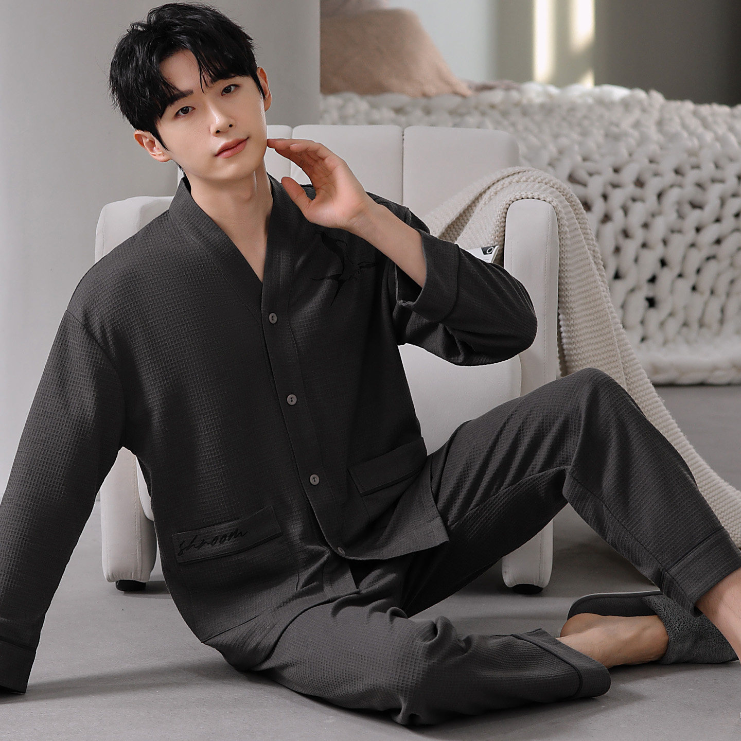 运动睡衣套装长袖春秋男士特大码可外穿200斤冬季家居服开衫