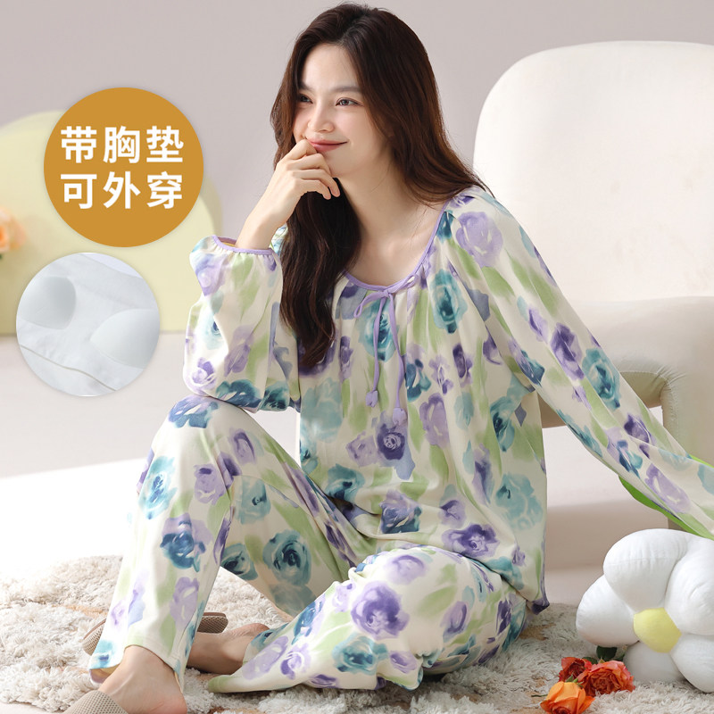 春秋夏冬天女士带胸垫长袖家居服