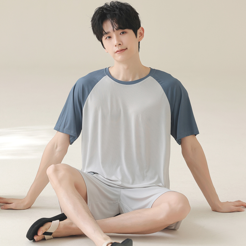 夏季冰丝男士短袖睡衣套装家居服薄款夏天大码可外穿韩版休闲学生