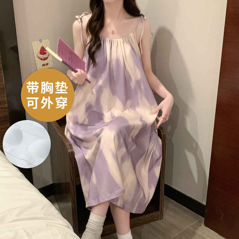 夏季吊带自带胸垫一体睡裙女棉家居服中款夏天可外穿无袖韩版薄款