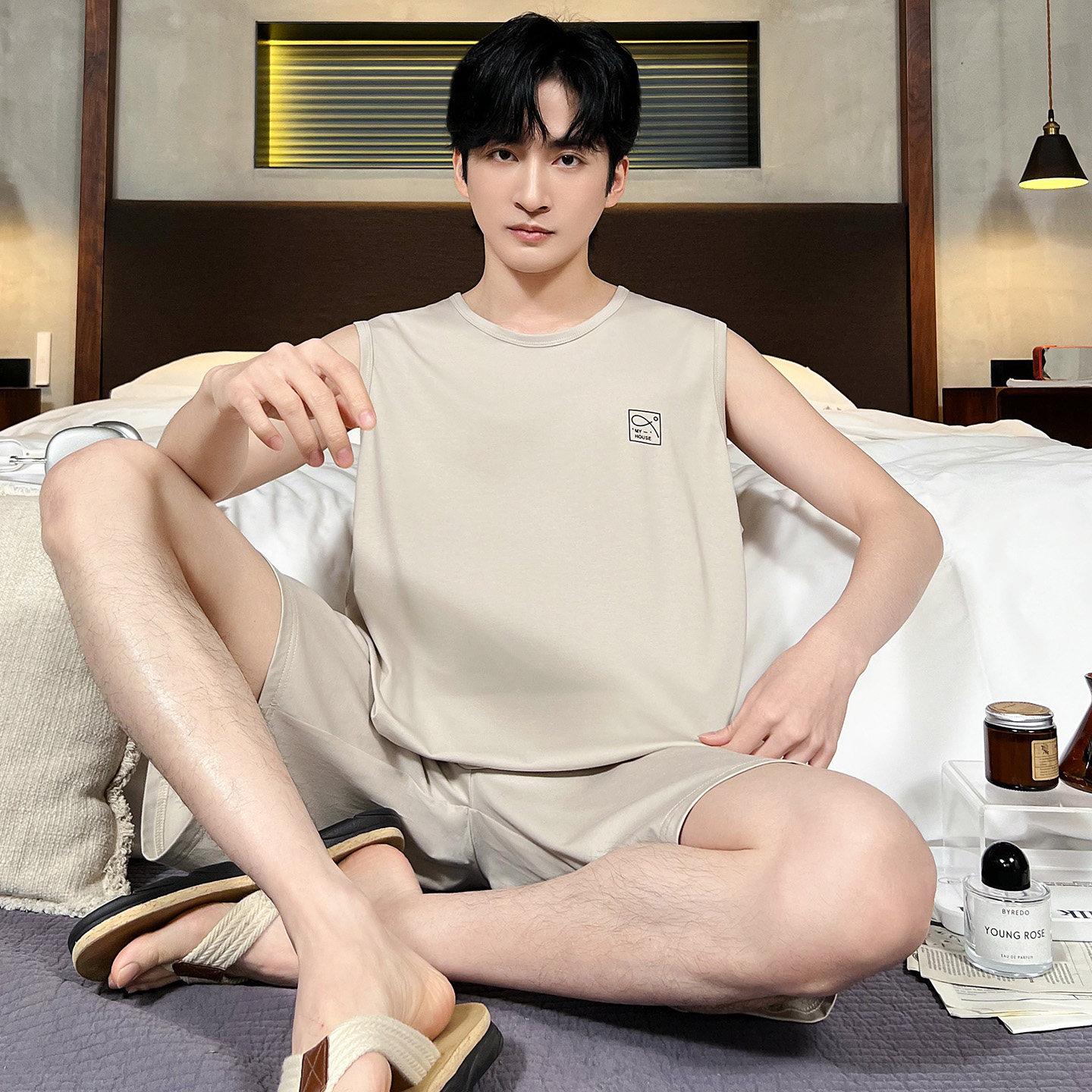 100%纯棉男士夏季背心短裤家居服