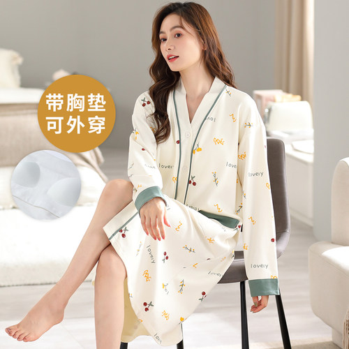 春秋韩版自带胸垫一体长袖睡裙