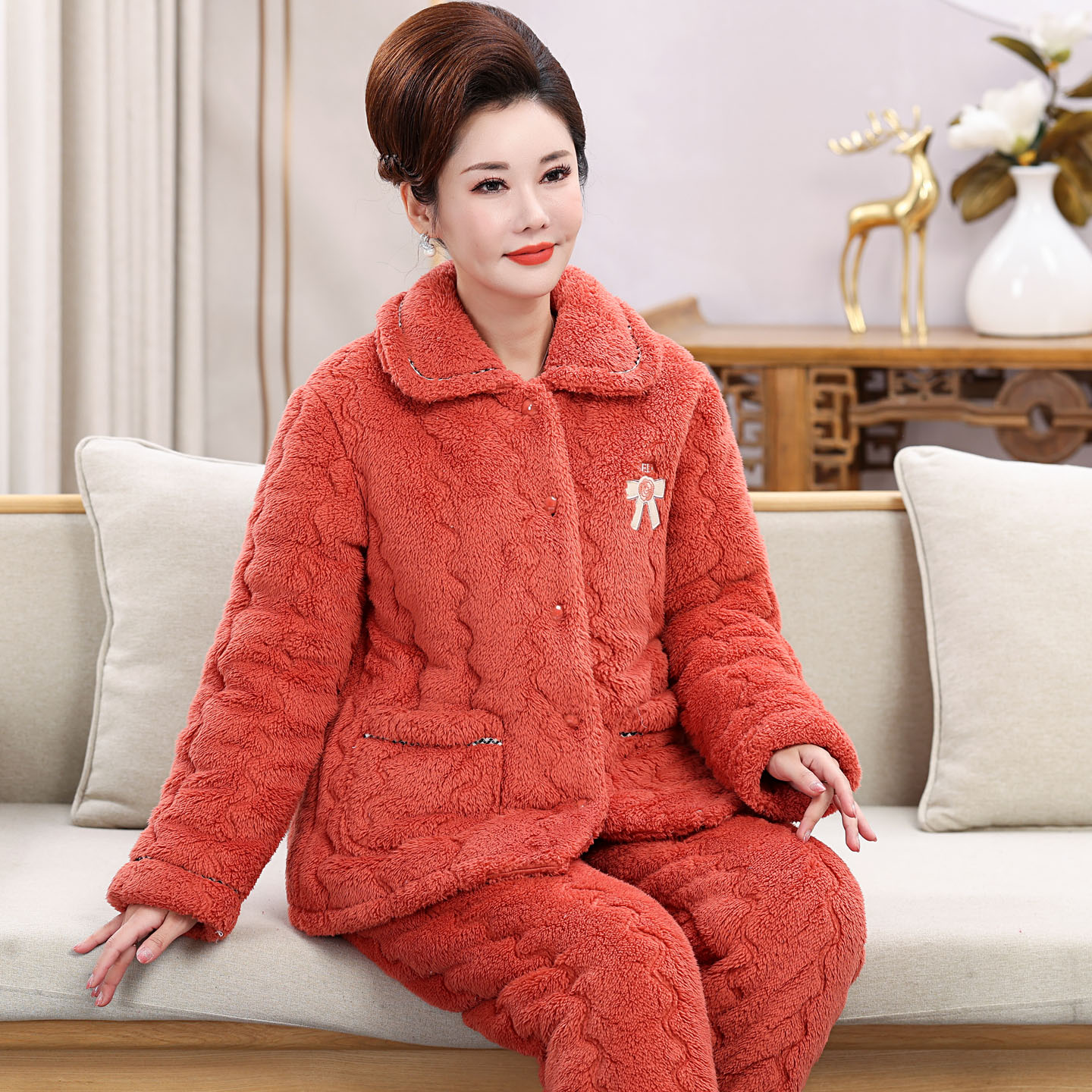 三层夹棉中老年睡衣套装女棉袄