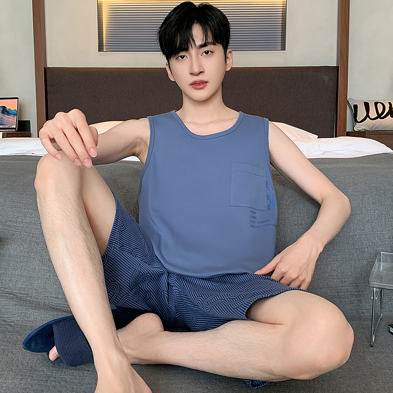 夏季背心睡衣套装大码男士家居服韩版薄款条纹可外穿夏天学生运动