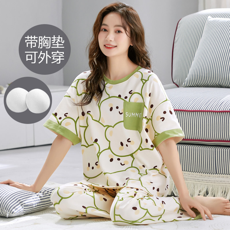 女士睡衣夏季自带胸垫家居服套装