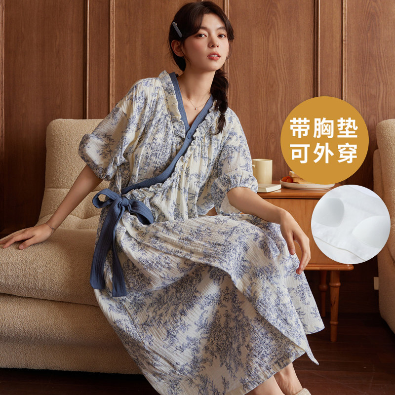 可外穿家居服自带胸垫一体睡衣女士夏季短袖和服开衫睡裙浴袍睡袍