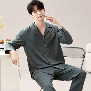 春秋季长袖睡衣套装男士开衫100%纯棉家居服全棉夏冬天可外穿运动