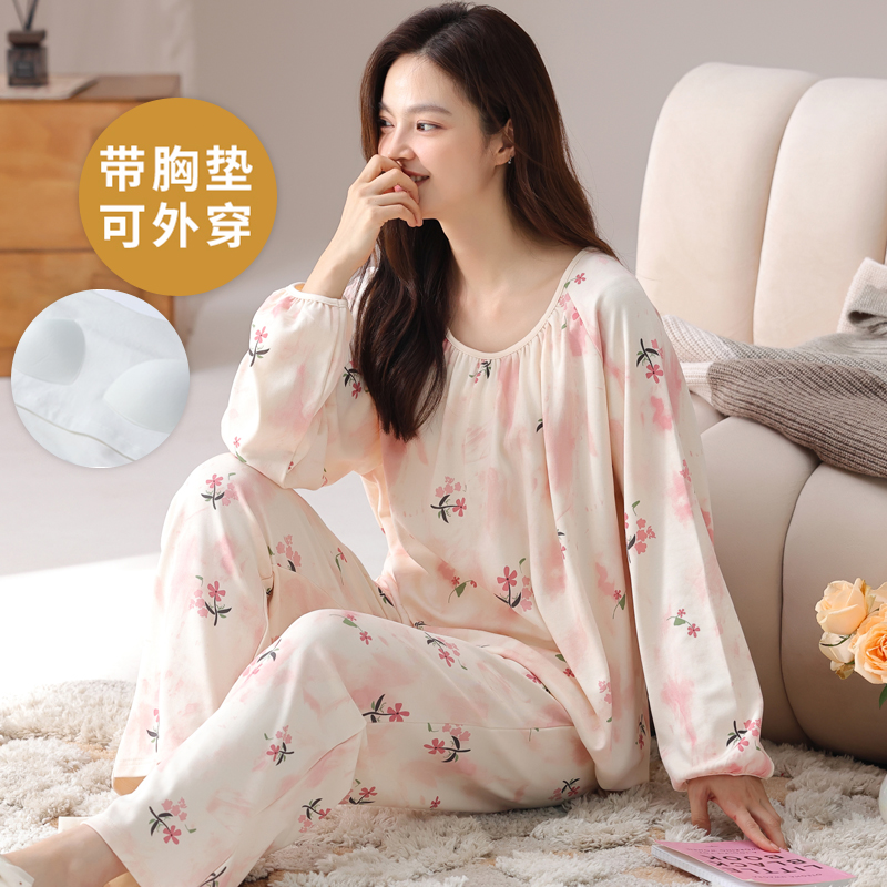 女带胸垫一体长袖睡衣套装