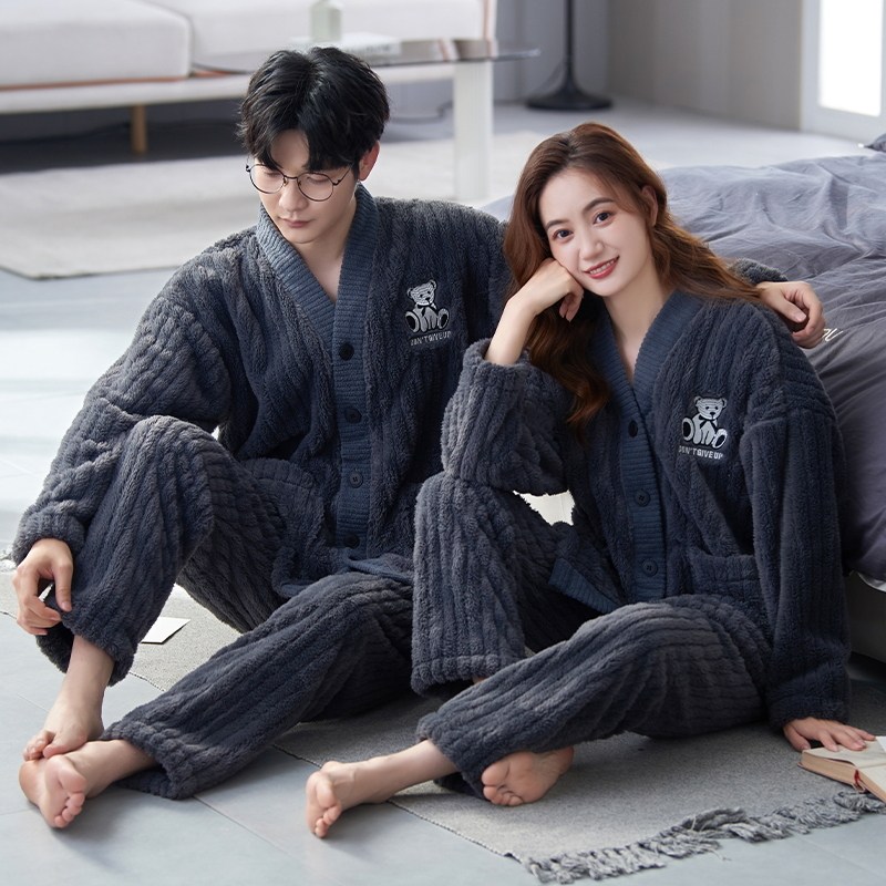 加绒加厚长袖睡衣套装男法兰绒女