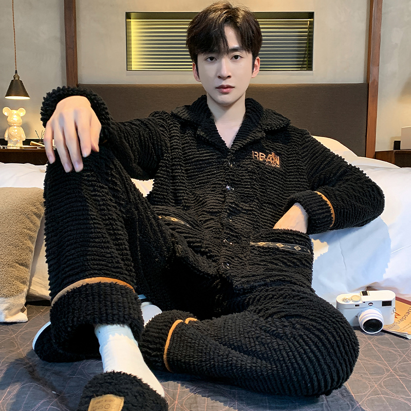 加绒加厚男士睡衣套装珊瑚绒开衫