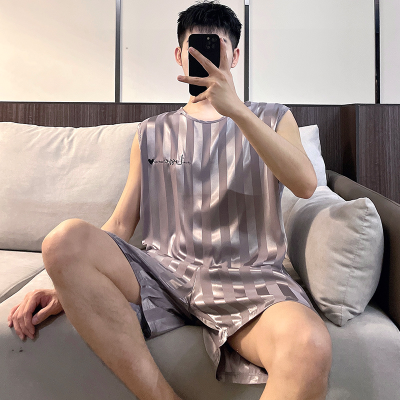睡衣男士夏季冰丝薄款无袖加肥加大码两件套装背心宽松休闲家居服