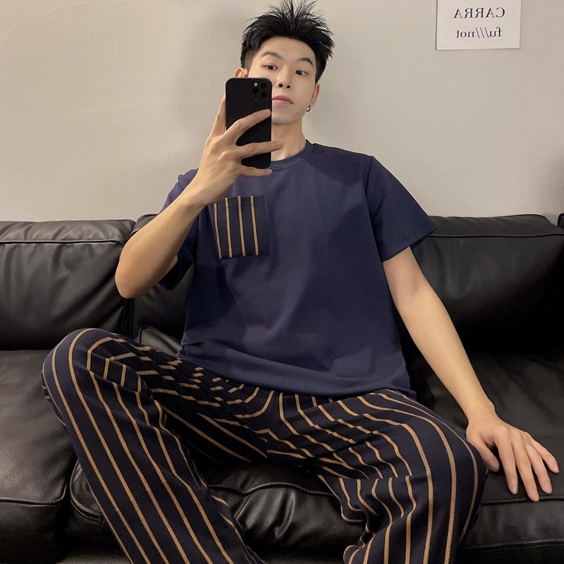 男士夏季睡衣套装短袖长裤大码家居服可外穿青少年薄款夏天条纹