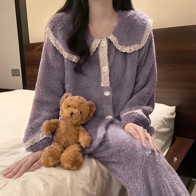 加绒加厚睡衣套装保暖开衫女韩版