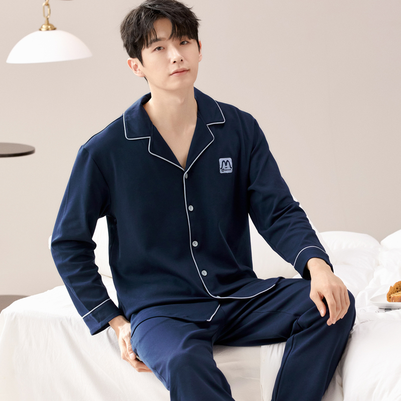 100%纯棉长袖睡衣套装全棉男士