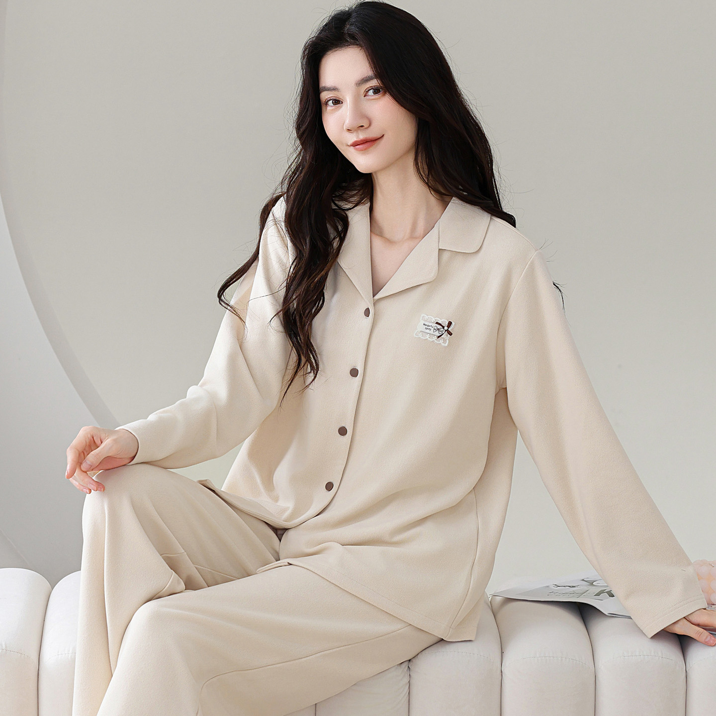 保暖长袖睡衣套装羊毛蚕丝德绒女