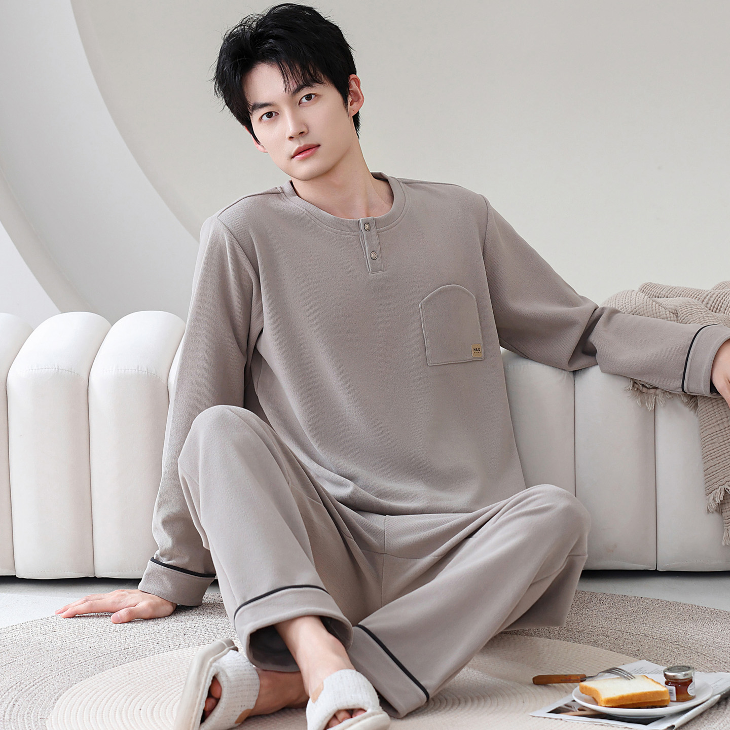 秋冬季德绒长袖睡衣套装男士保暖加绒青少年家居服加厚运动可外穿