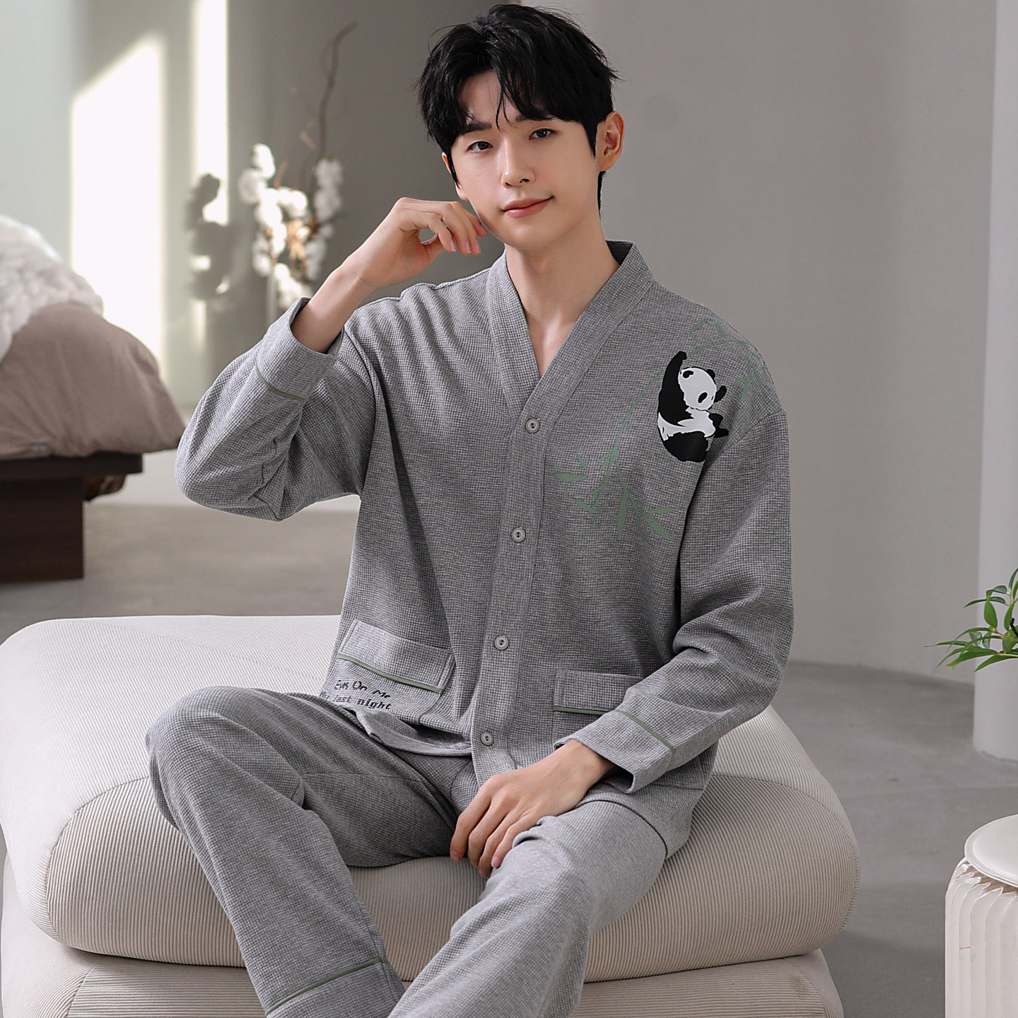 秋冬季男士长袖睡衣套装特大码200斤和服开衫家居服冬华夫格运动