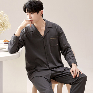 春秋季全棉长袖睡衣套装男士开衫100%纯棉家居服夏冬天青少年运动