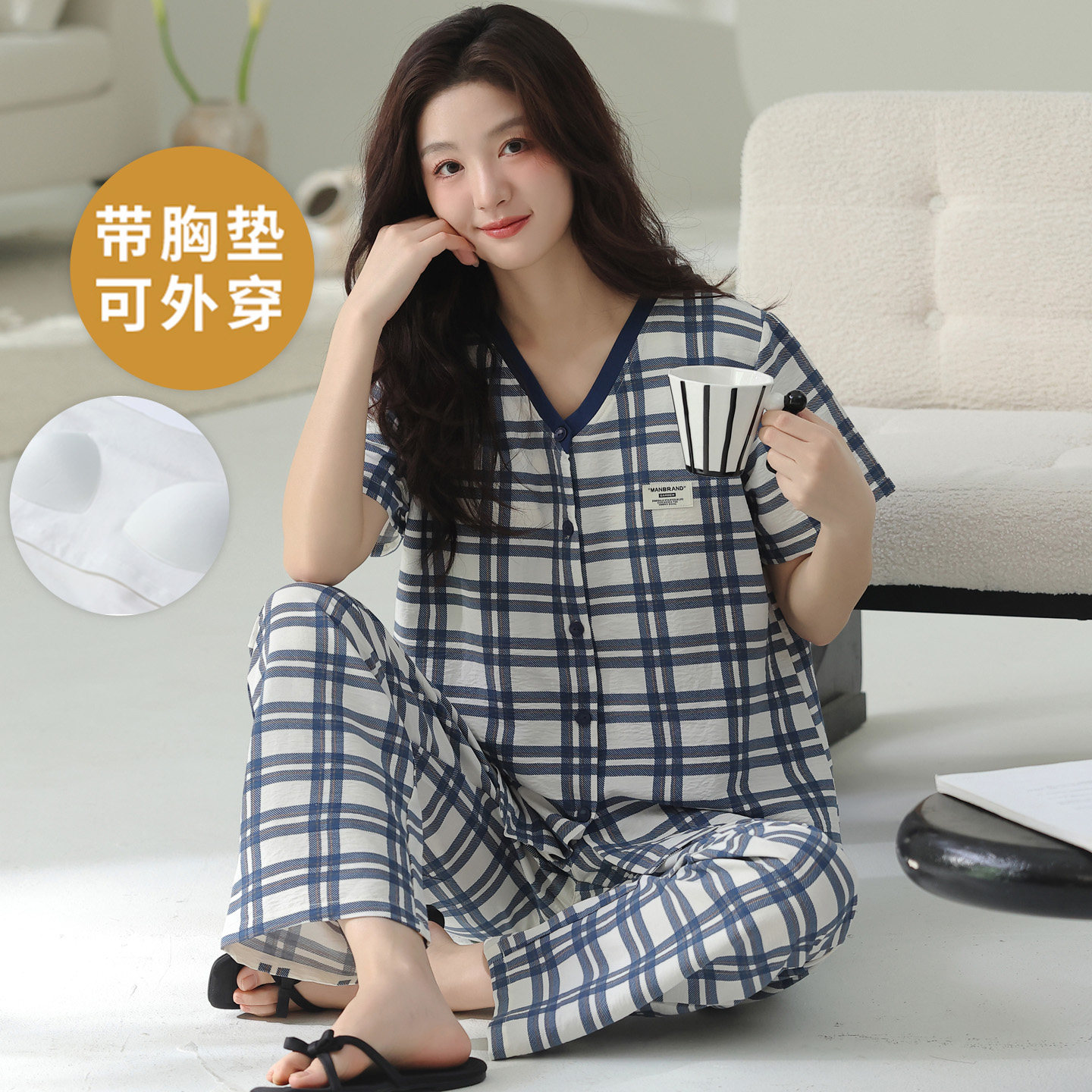 春秋夏季女士带胸垫开衫短袖套装