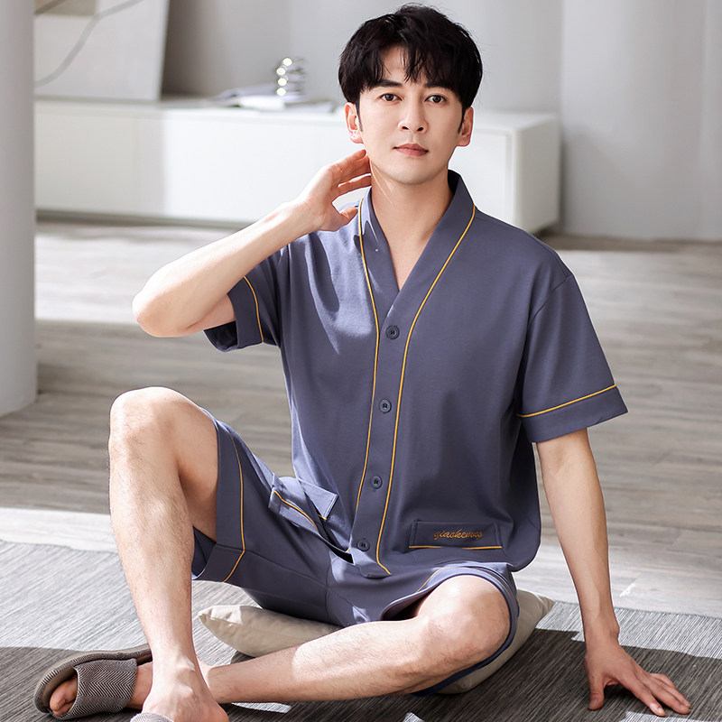 宽松加肥加大码可外穿春秋字母男士睡衣套装夏季和服式开衫短袖