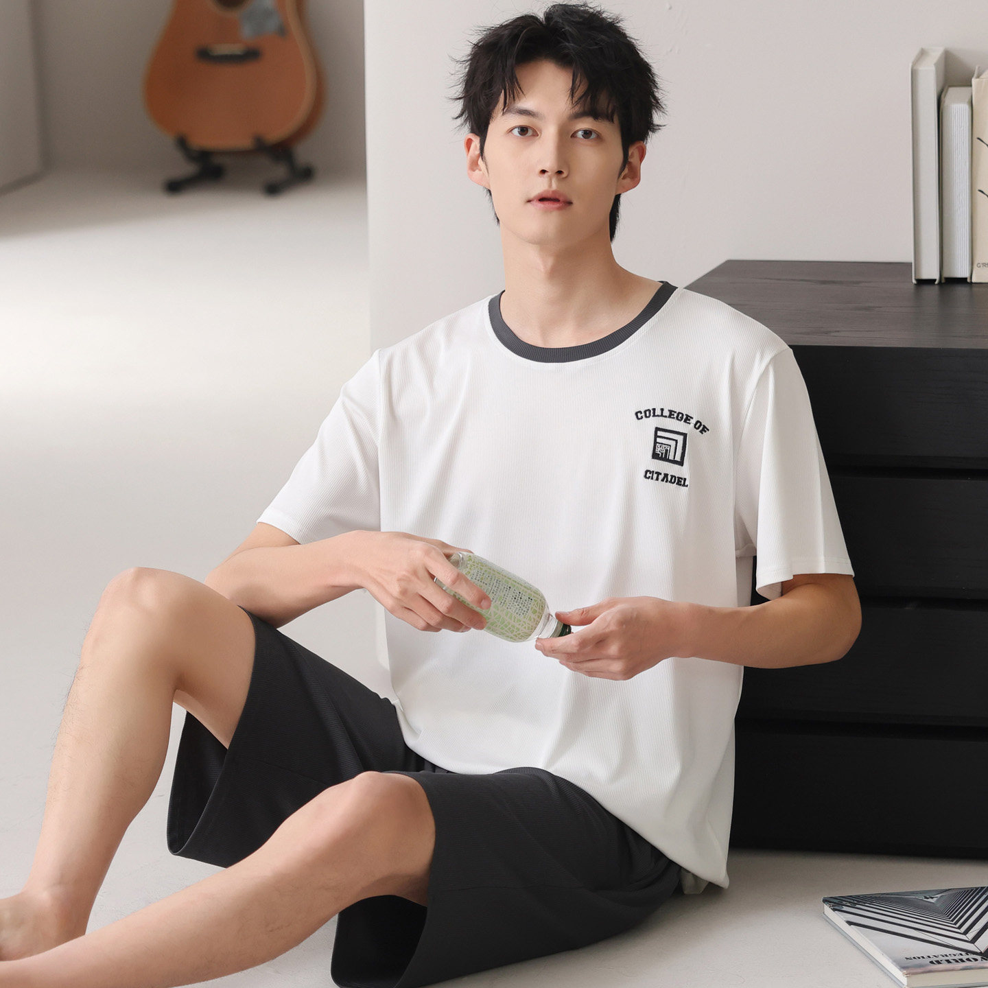 夏季男士冰丝螺纹短袖短裤家居服