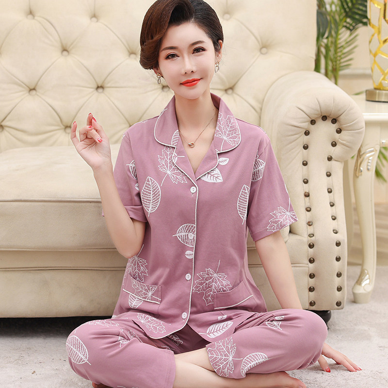 条纹中老年妈妈中年开衫大码可外穿薄款睡衣套装女士夏季短袖长裤