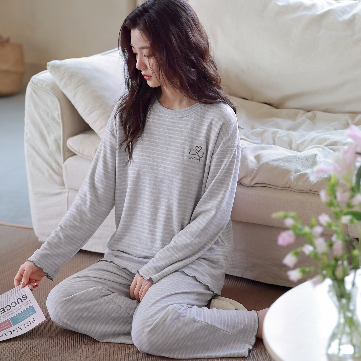 春秋冬季女士宽松版德绒睡衣加厚保暖长袖款家居服大码套装可外穿