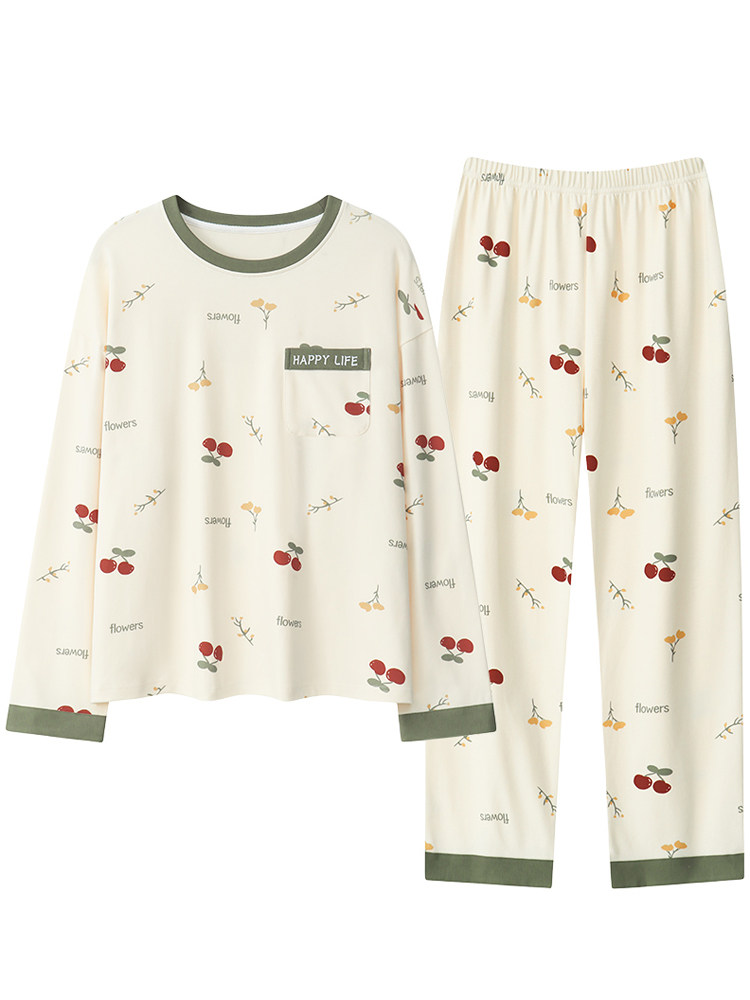 SPRING AND AUTUMN PAJAMAS WOMENS COTTON CUTE SELF-CONTAINED CHEST PAD ALL-IN-ONE SET PLUS SIZE STUDENT SUMMER AND WINTER LONG SLEEVE LOUNGEWEAR