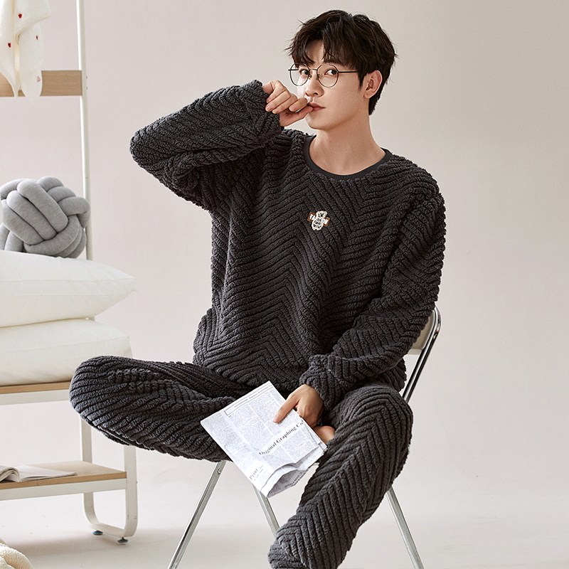 加绒加厚睡衣套装法兰绒男士韩版