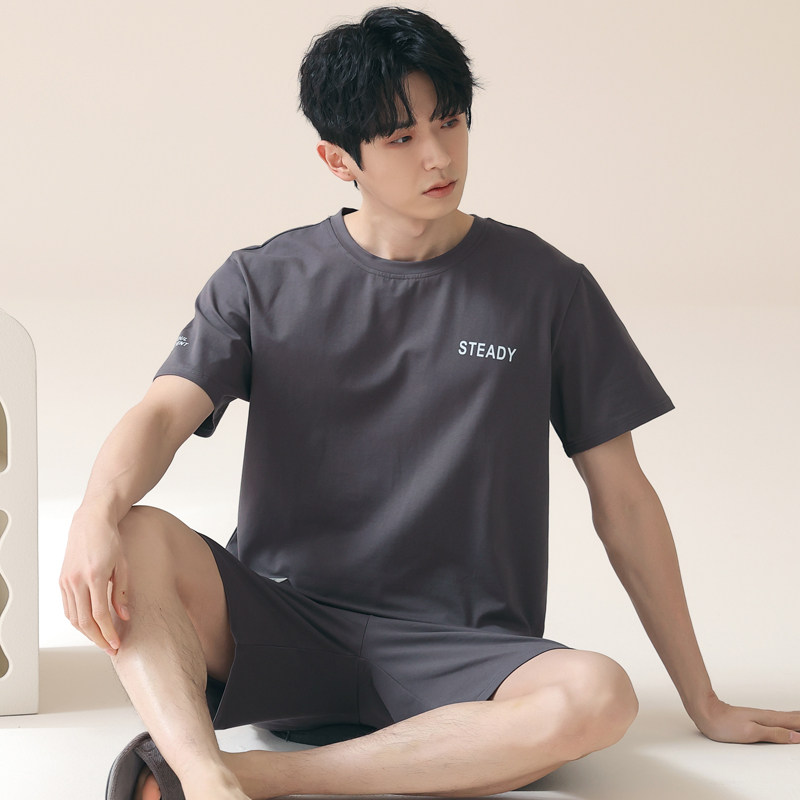 可外穿夏天字母男士夏季睡衣套装莫代尔冰丝短袖家居服加肥加大码