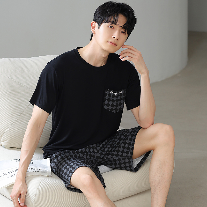夏季男士加肥加大码短袖睡衣套装莫代尔棉冰丝凉感可外穿薄款格子
