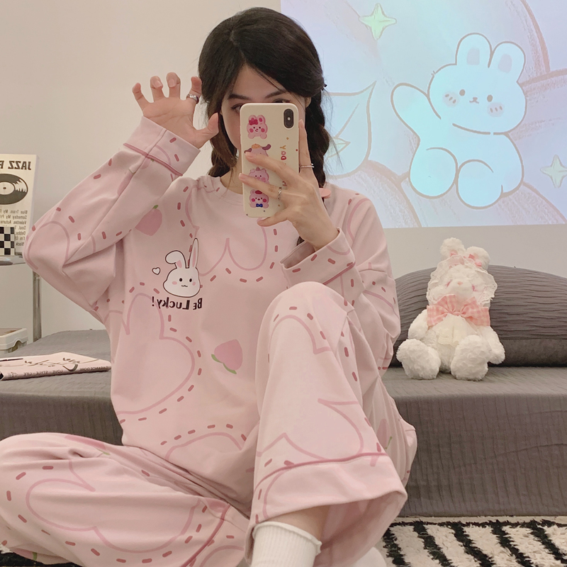 春秋季睡衣女款薄款学生可爱大码长袖套装可外穿卡通夏冬天家居服
