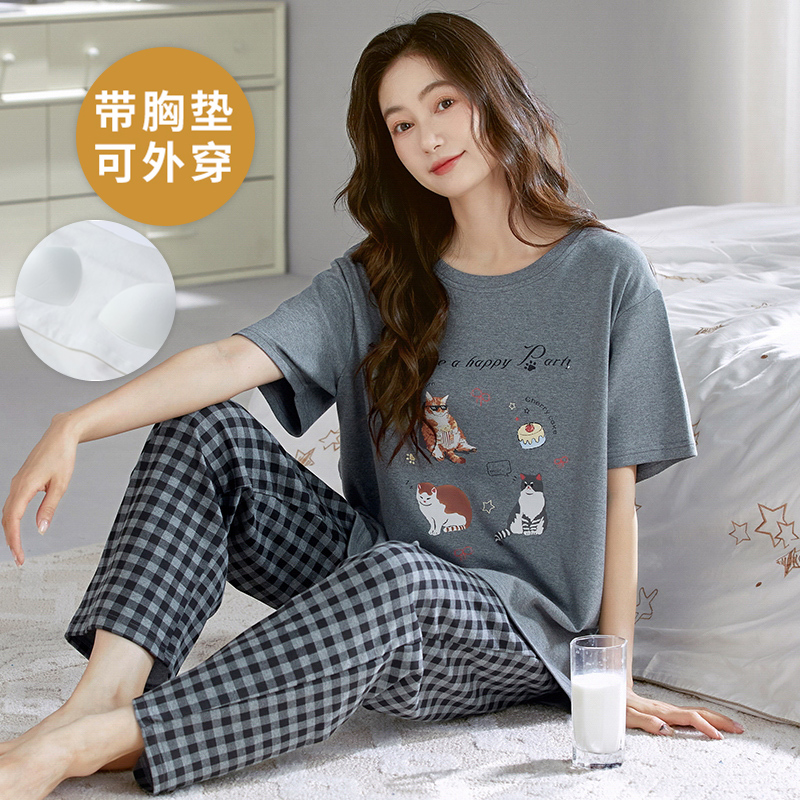 短袖睡衣套装女士自带胸垫防凸点