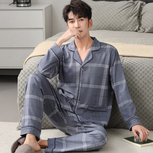 春秋季开衫男士长袖睡衣套装夏冬天家居服大码条纹休闲可外穿运动