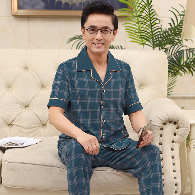 睡衣套装男士春秋短袖中年人开衫